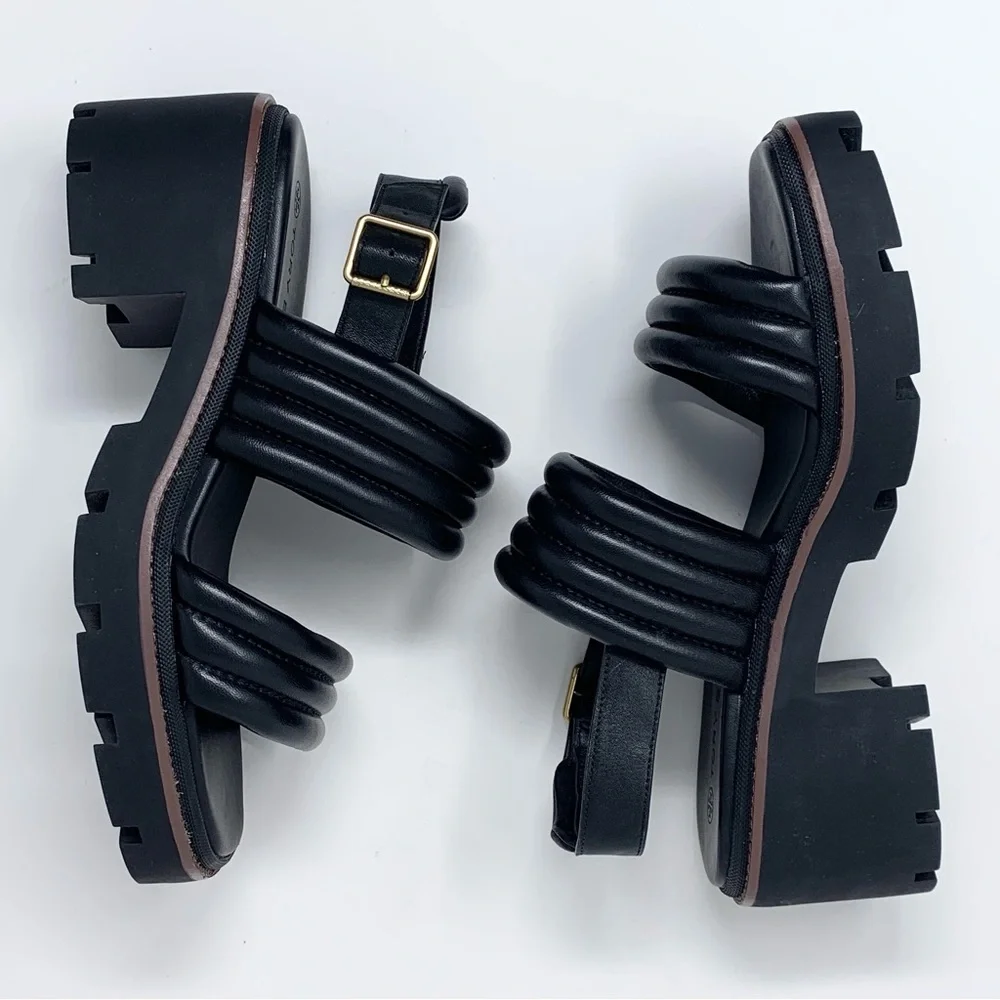 NEW Tory Burch Lug Sole Heeled Sandals (Sz 9) Quilted Leather Slingback Black - Picture 7 of 13